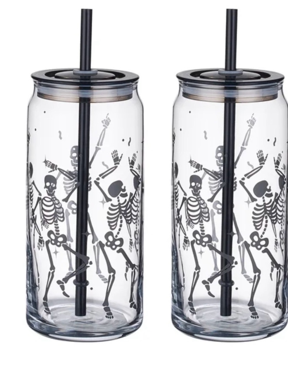 Skeleton Print Clear Tumbler with Black Lid & Straw (Set of 2)